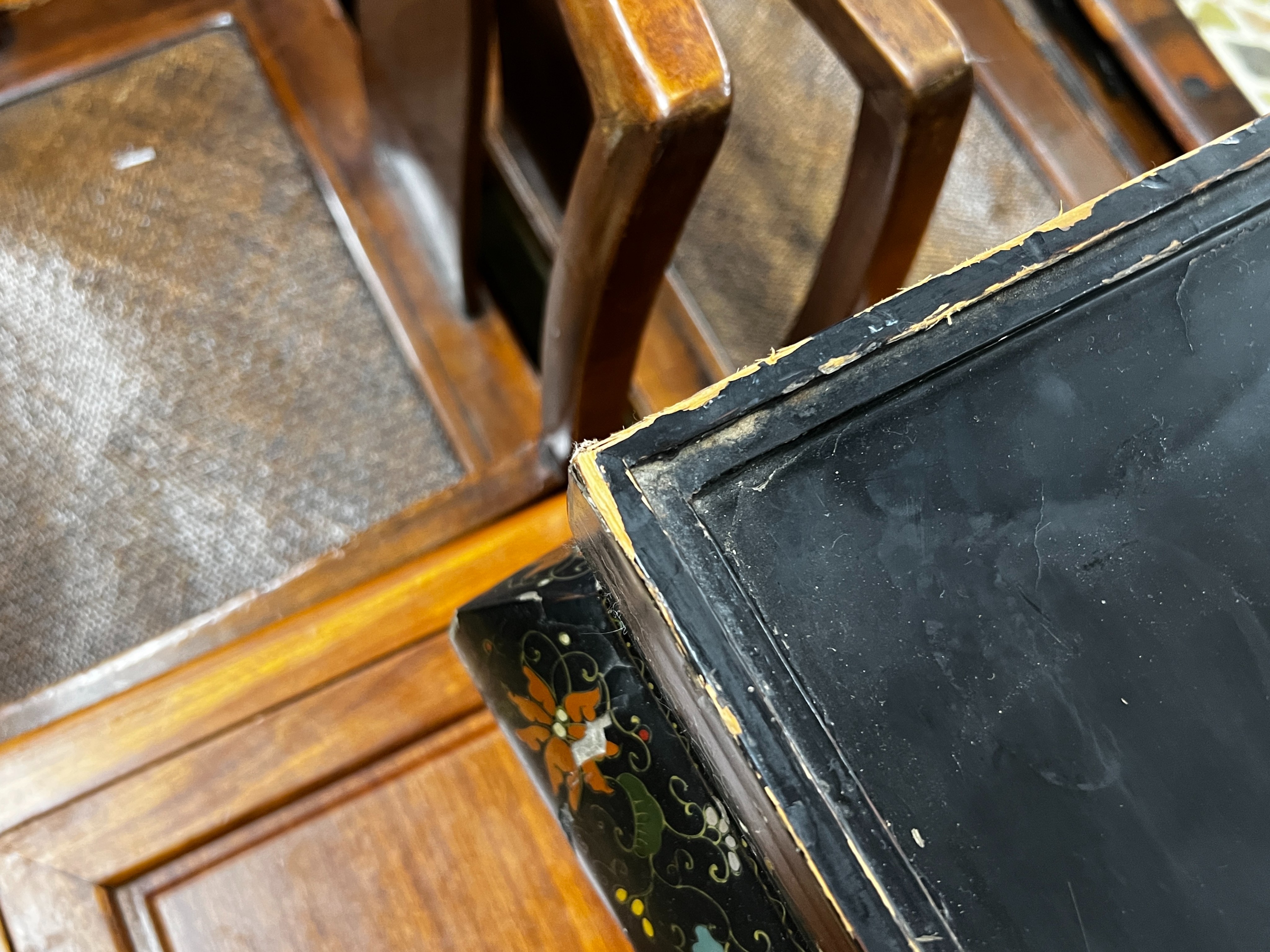 A rectangular Chinese lacquer hardstone mounted low table, length 81cm, width 51cm, height 31cm